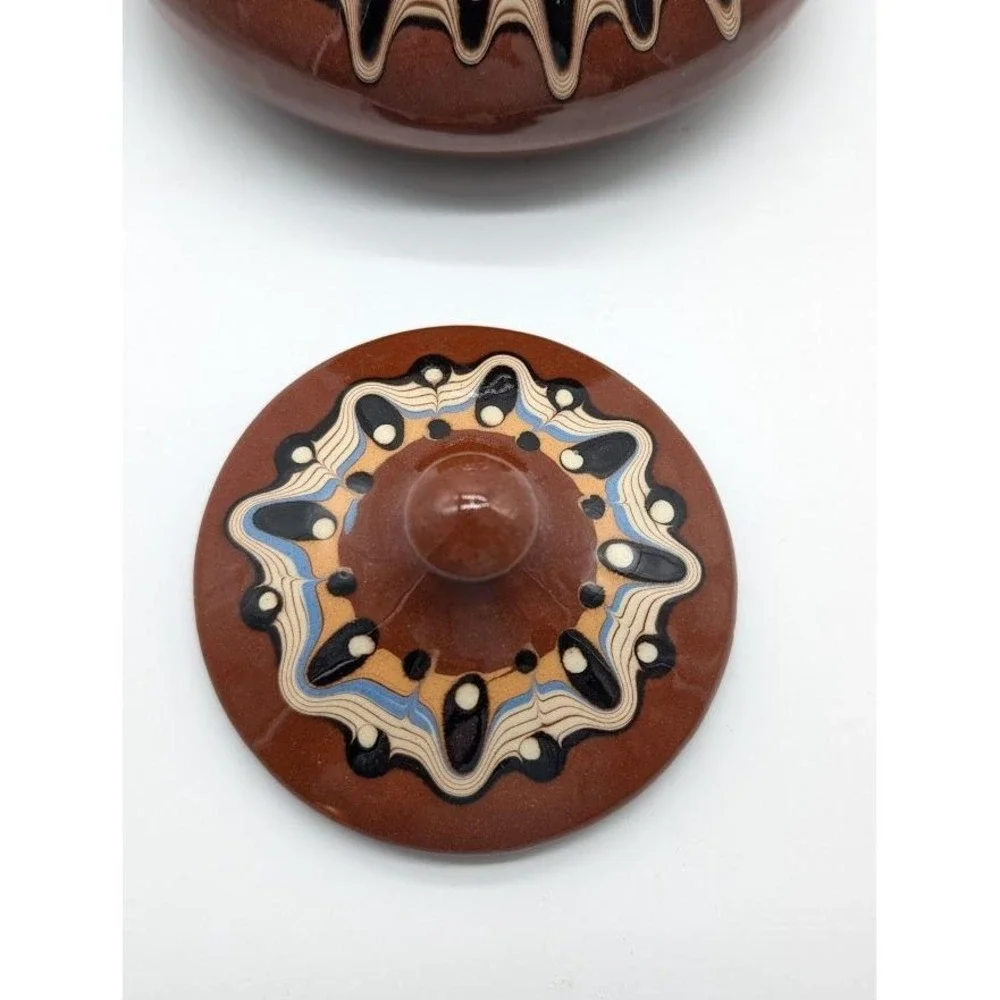 Vintage Bulgarian Troyan Pottery Lid Candy Dish 90s Redware‎ Folk Art Drip Glaze